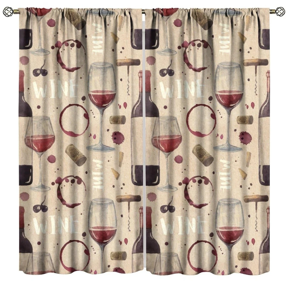 Cortinas de cocina de vino tinto, botella de vidrio abstracto arte rústico vintage dibujado a mano... Foto 3 de 4