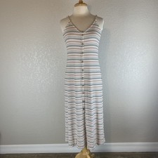 LOFT Multicolor Striped V-Neck Knit Button Front Adjustable Strap Maxi Dress M
