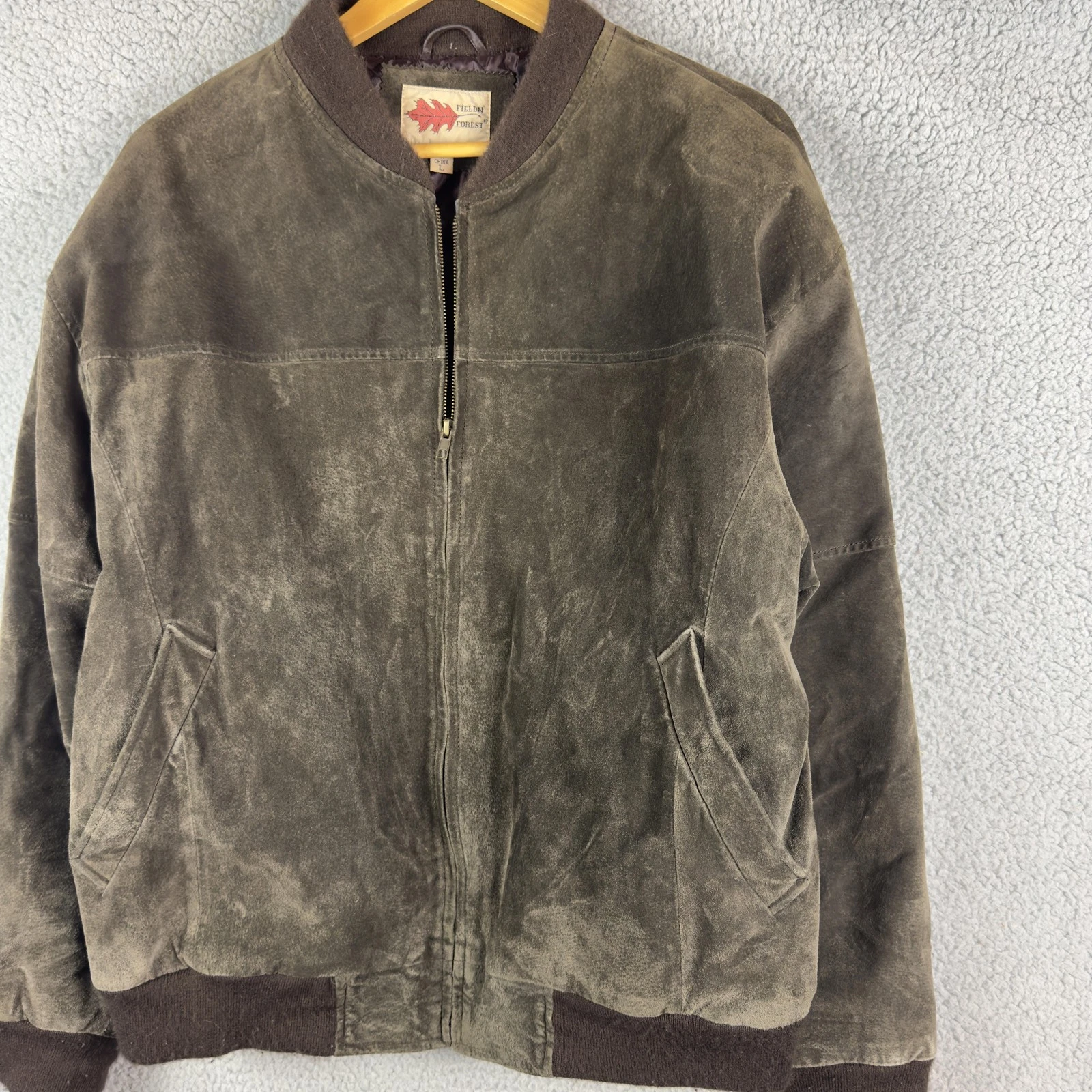 Fieldn' Forest Jacket Mens Large Brown Leather Bomber Quilted Lined Zip Coat