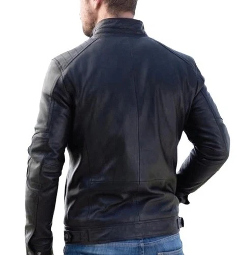 Leather Jacket Men's Classic Biker Motorcycle Bomber Men Racer Soft Zip Blue 22 image 2