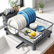 Small Dish Drying Rack Stainless Steel with Drainboard & Utensil Holder (Gray)