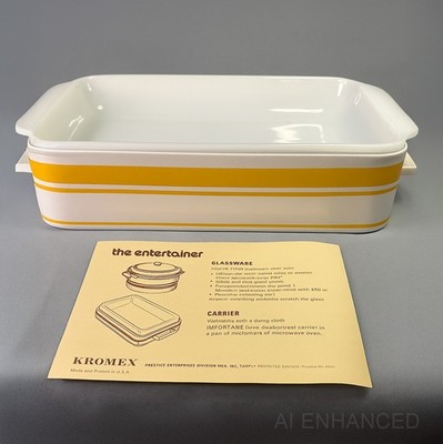 Kromex  Entertainer  White Opal Glass Casserole Dish w/ Yellow Carrier USA EUC