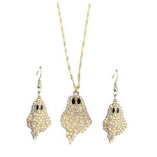 Sparkly Rhinestone Halloween Pumpkin Ghost Earrings Necklace Set White Ghost