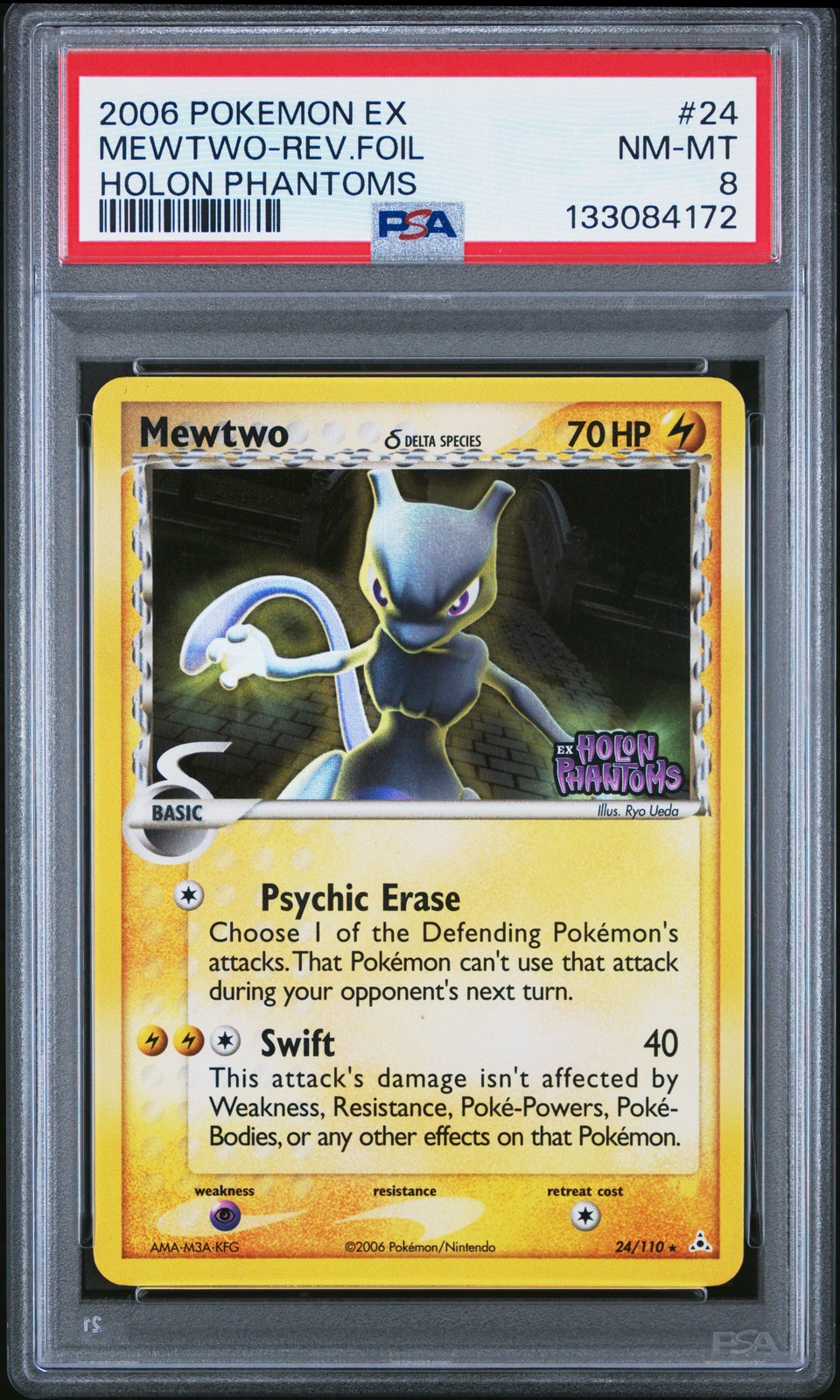 2006 POKEMON EX HOLON PHANTOMS #24 MEWTWO-REVERSE FOIL PSA 8