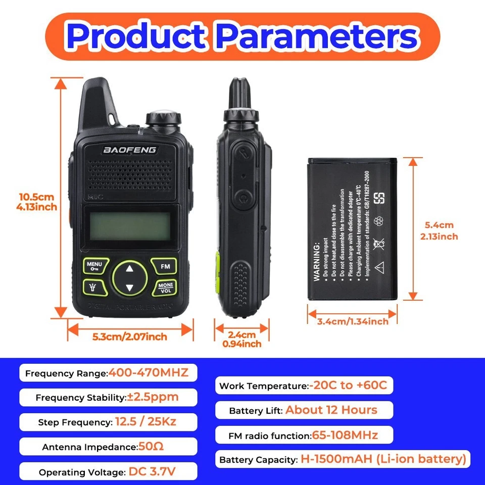 2pcs Handheld BF-T1 Mini Walkie Talkie FM Long Range UHF Two Way Radio+Earpieces - Image 3 of 4