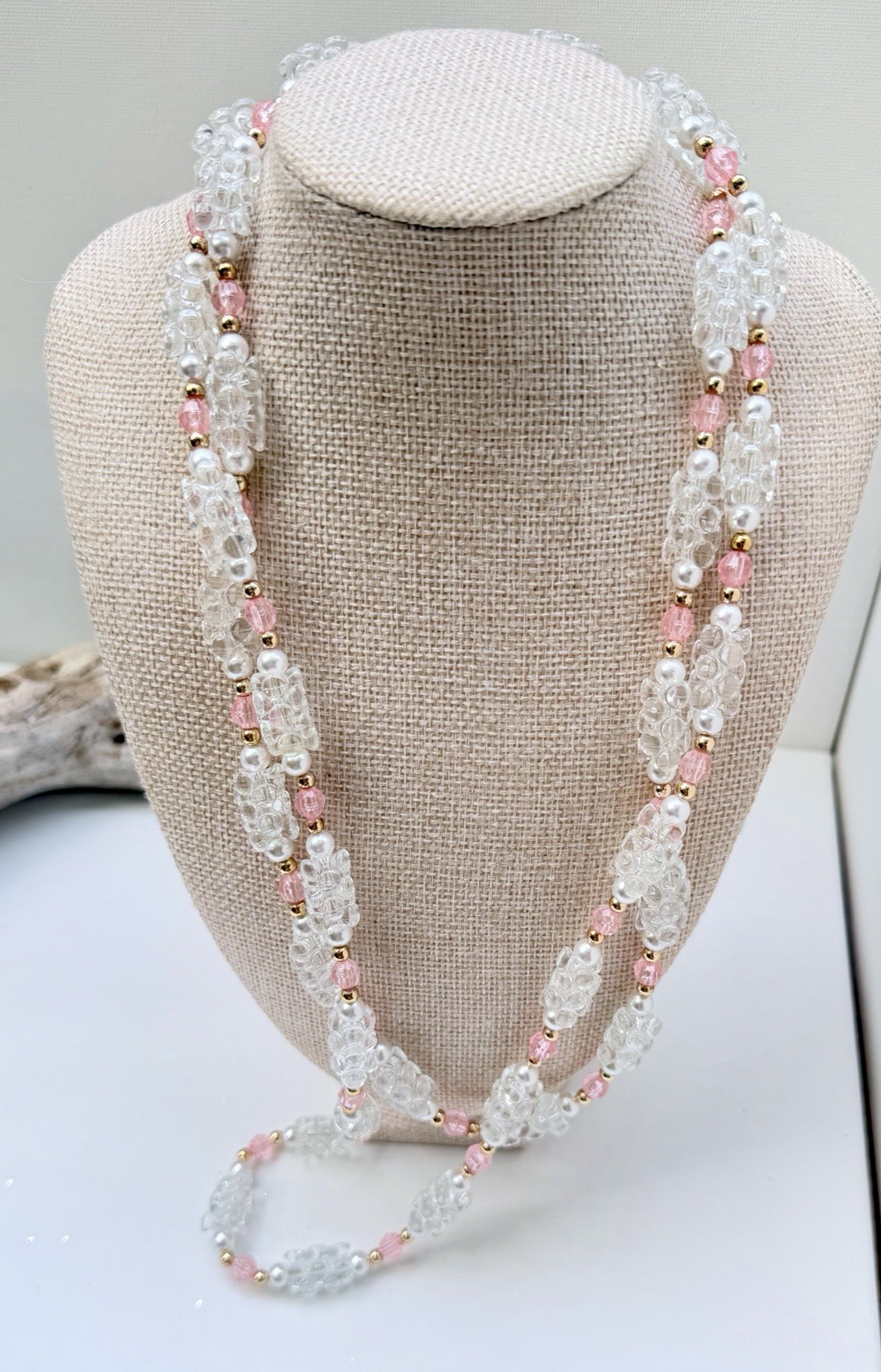 Vintage Pink Enamel Flower Brooch & Lucite Bead Necklace Set