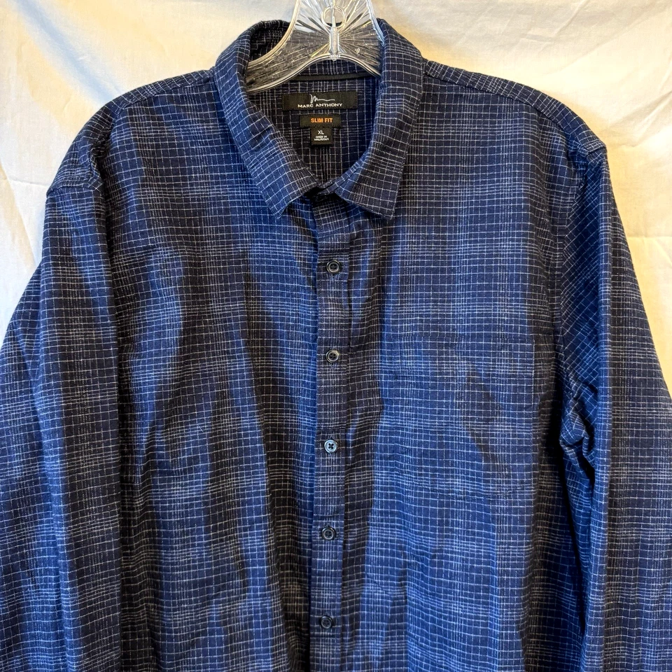 Marc Anthony Mens Flannel Shirt Blue Plaid Slim Fit Heavyweight Button Up XL - Image 2 of 4