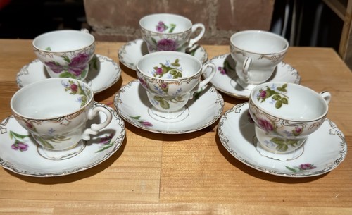 6 Vintage STERLING CHINA Footed Porcelain Cup & Saucer Red Tea Rose ...