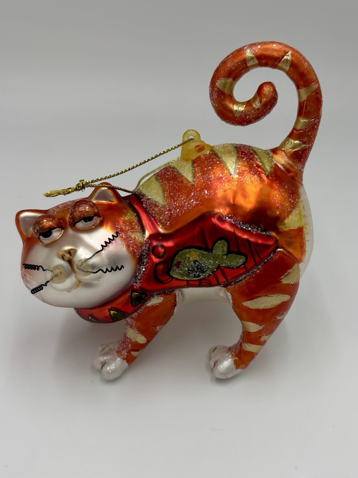 Hand Painted Blown Glass Cat Christmas Ornament Orange Tabby Fish Whimsical