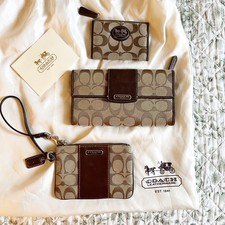 Coach Signature Monogram Wallet, Wristlet, and Cardholder Set Brown Tan Lilac