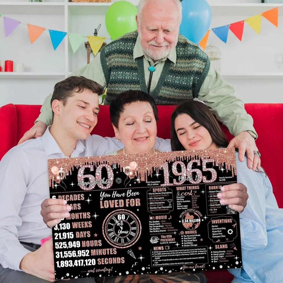 Tarjeta grande de cumpleaños 60 para mujer con sobre, negro oro rosa feliz 60... Foto 4 de 4