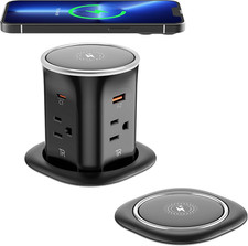 Pop Up Outlet with Wireless Charger, 9-in-1 Power Strip, Space Saver, Black