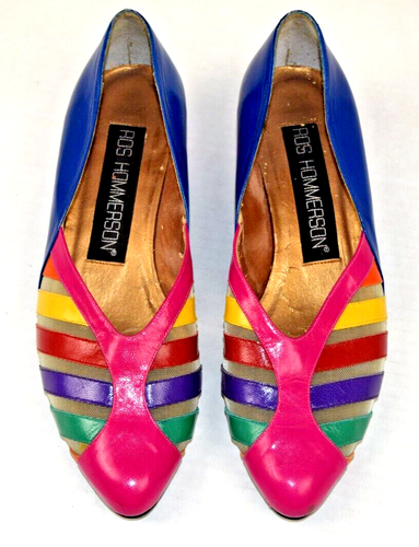 Vintage Slip On Pumps Sz 8 80s Ros Hommerson Rainbow Stripes Low Rise Heels - 第 1/7 張圖片