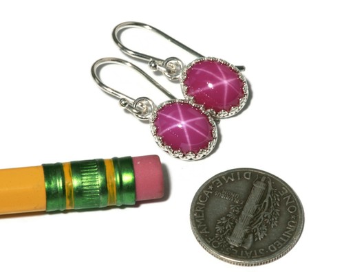 Star Ruby Crown Bezel Drop Earrings Polished Silver (10 x 8mm Lab Created) - Picture 4 of 5
