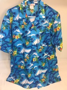 Vtg-Islander-Hawaiian-Shirt-Size-L-Hawaii-Aloha-USA-Made-Blue-Palm-Tree-Hibiscus