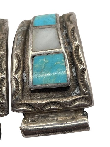 Old Pawn Sterling Silver Navajo or Zuni MOP and Turquoise Watch Band Parts VTG - 第 7/16 張圖片