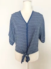 Max Studio Womens Blouse Size XS Blue White Geometric V Neck Kimono Sleeve Tie