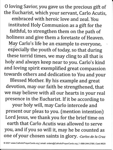 Laminated Holy Card of Blessed Carlo Acutis & 1" Silver Oxidized Medal of Carlo - Picture 2 of 3
