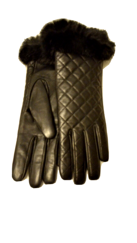 NWT Martine et Bonal Bk Quilt Lamb Leather Fur Women Gloves Cashmere Lining sz S
