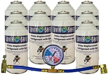 R 134a Refrigerant Replacement w/ UV Dye, 6oz. Cans, Gauge Set Included(10 Pack)
