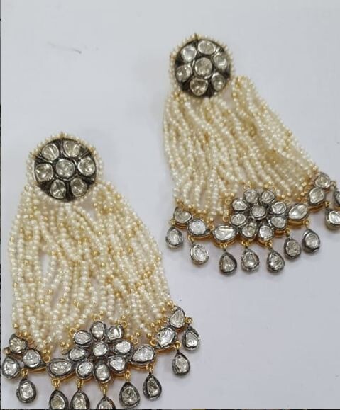 Natural Rosecut Diamond Polki Pearl Poured 925 Silver Wedding Earrings Jewelry Natural Rosecut Diamond Polki Pearl Poured 925 Silver Wedding Earrings Jewelry