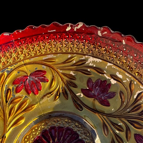 Antique 10.5” Goofus Glass Bowl Gold & Red Floral Sawtooth Scalloped Edge Gilded - Picture 6 of 14
