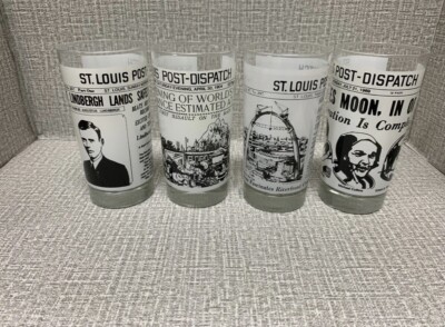 Vintage St Louis Post Dispatch Newspaper Glasses Set Of 4 Historical Events