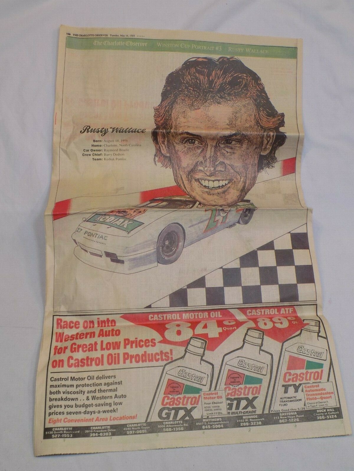 The Charlotte Observer Newspaper Rusty Wallace NASCAR Winston Cup Portrait #3 