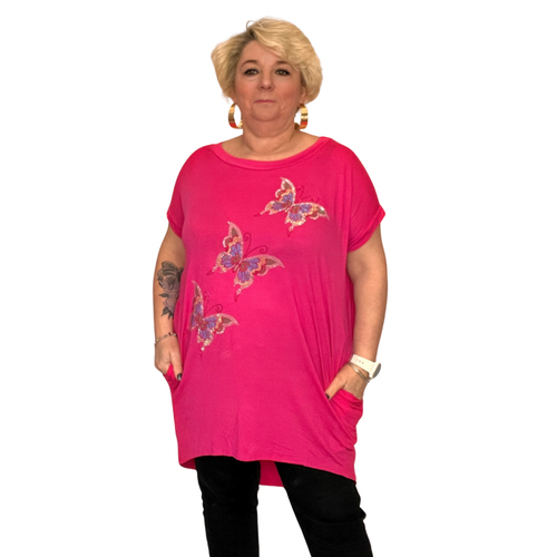 ROCKTHOSECURVES WOMENS T-SHIRT BUTTERFLY DIPPED HEM TOP SIDE POCKETS PLUS SIZE - Picture 4 of 15