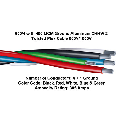 600-04PPLEX-BRWB-400G 600/4 with 400 MCM Ground Aluminum XHHW-2 Plex Cable 600V