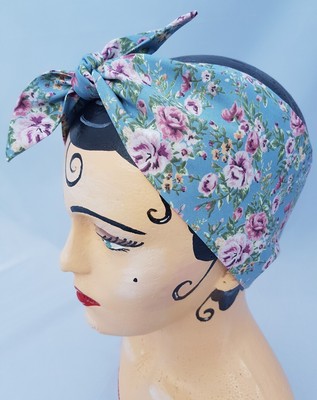 LAND GIRL 40s 50s TIE HEADBAND HEAD SCARF TEAL VINTAGE FLORAL WWII ROCKABILLY