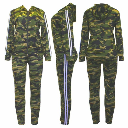 Womens Camouflage Print Tracksuit Side Stripe Top Jacket Lounge Leggings 2Pc Set - Picture 2 of 6