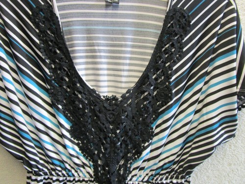 Womens Tunic Blouse By Takara Size XL Stripes Lace Elastic Waist Batwing 💙 - Picture 4 of 4