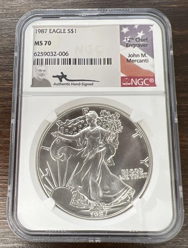 NGC MS70 1987 American Silver Eagle John M. Mercanti Signed Flag Label