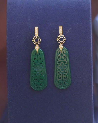 Orecchini CLIP Non Perforati Pendenti CZ Nero Giada Verde Scolpiti SB2 - Foto 8 di 10