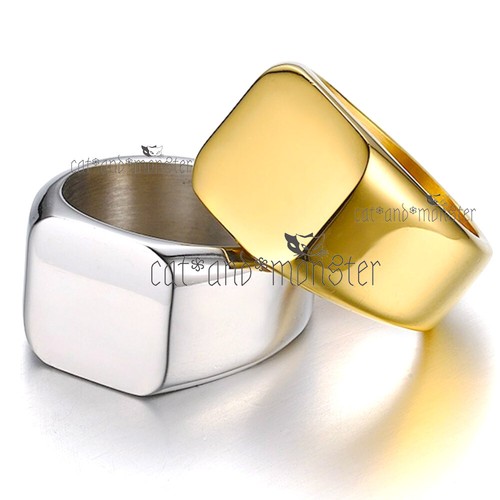 18K GOLD GF MENS LADIES CHUNKY SQUARE FLAT TOP BIKER STYLE SIGNET WEDDING RING - Picture 2 of 15
