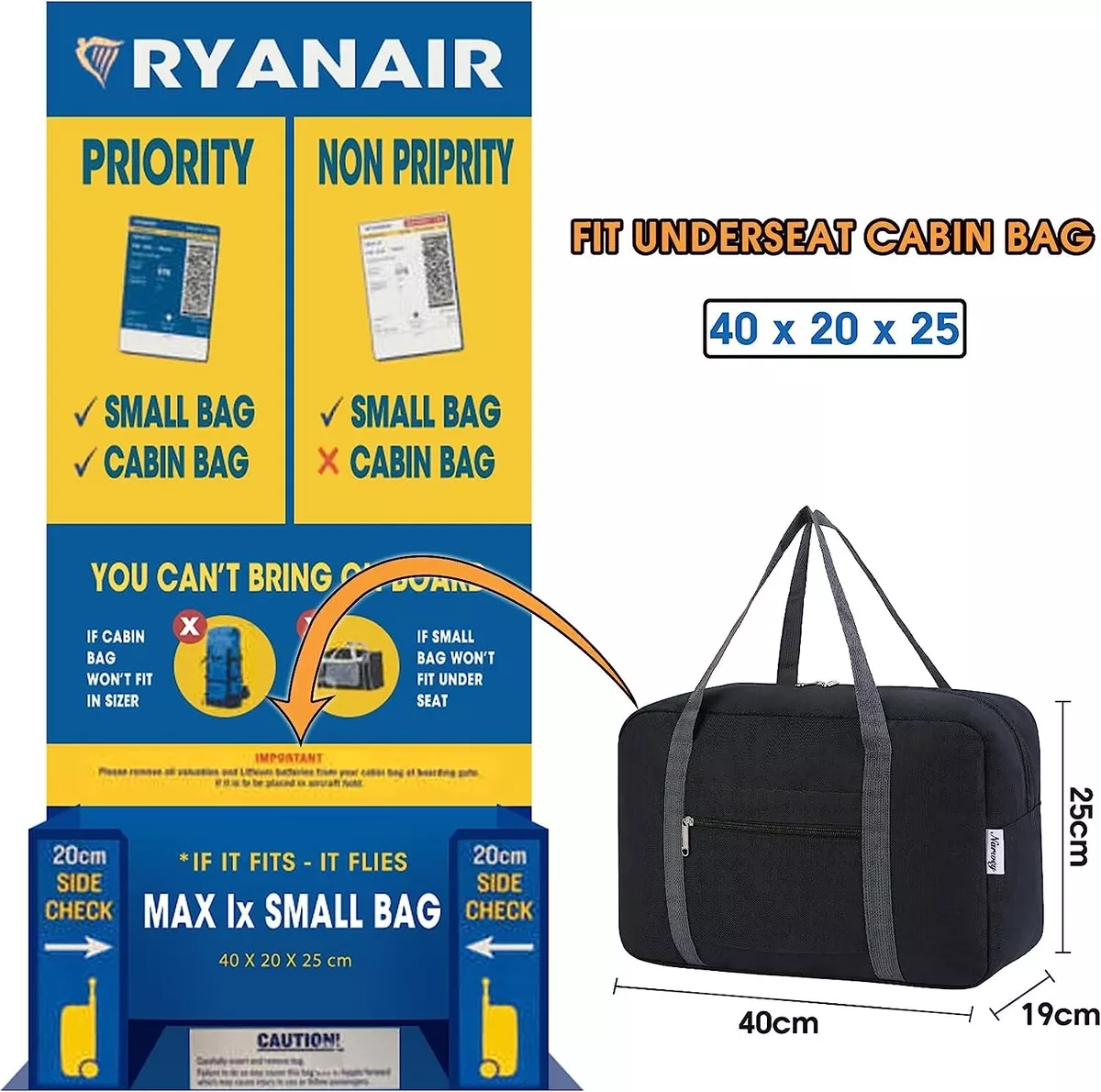 Bagaglio a Mano Ryanair 40X20X25 Borsone Da Viaggio Pieghevole