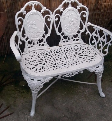 White Ornate Cast Iron Bench With Cameo Back Grounds Garden Bench