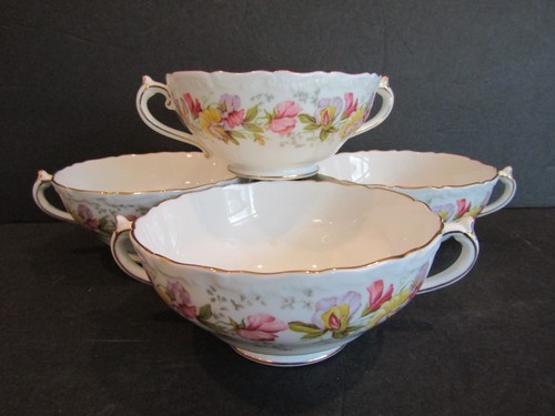 Coalport Bone China MARILYN Set of 4 Cream Soup FOOTED Bowls With Handles FLORAL