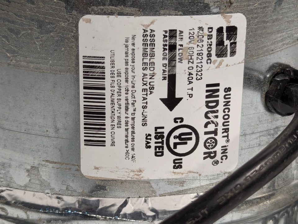 Ventilador amplificador de aire por conducto en línea Suncourt DB206C, 120VAC, 60Hz, 0.4A como en la foto Foto 2 de 4