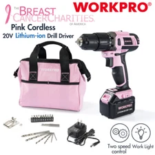 WORKPRO Pink Cordless 20V Lithium-ion Drill Driver Set 1 Battery Charger Bag NEW