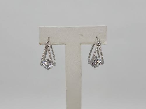 Double Trapeze Inner Outer Oblong CZ Earrings, Sterling Silver - Picture 2 of 5