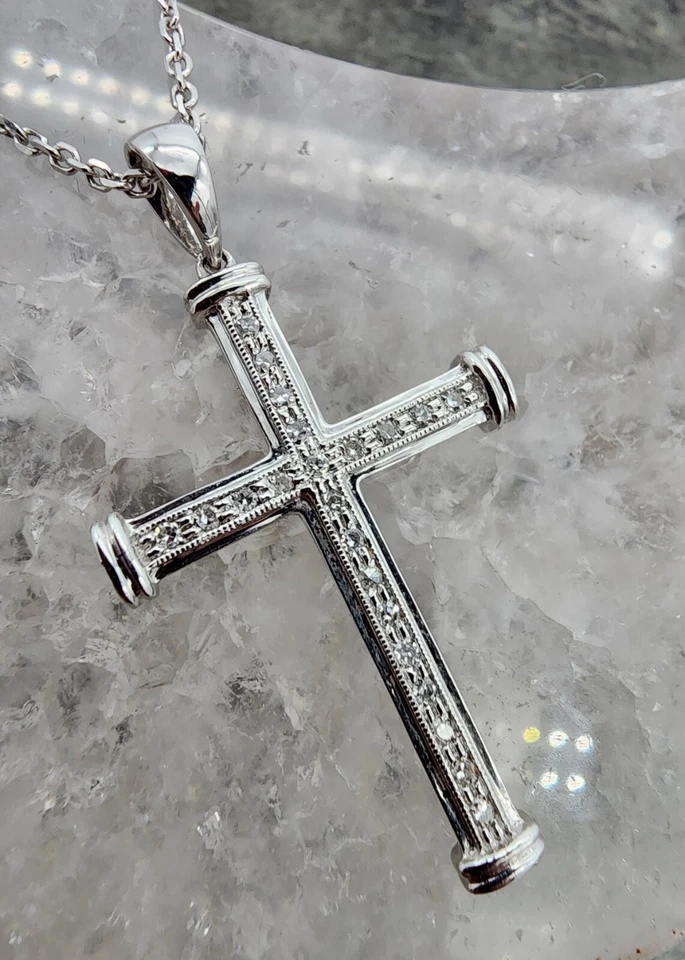 Collar de cadena colgante cruz de diamantes Art Deco de oro blanco de 14 k .585 Au 23258 Foto 4 de 4