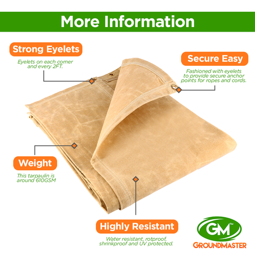 GroundMaster 18oz Standard Canvas Tarpaulin - Heavy Duty Water Resistant Cover - Picture 9 of 31