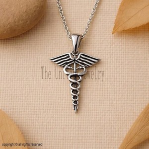925 Sterling Silver Caduceus Pendant, Medical Symbol Necklace Doctor Nurse charm