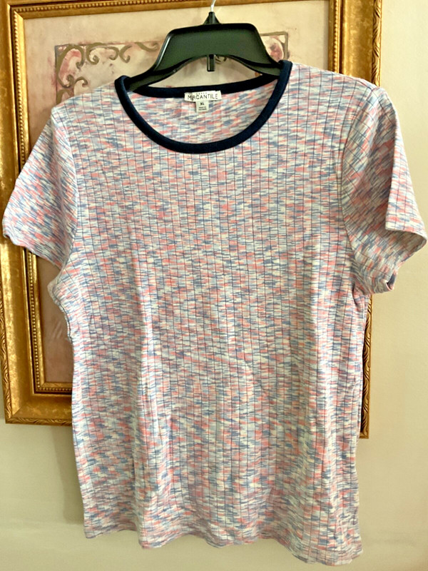 J Crew Tee Womens XL Pink Blue Striped Space-dyed ribbed Item 19” Bust L1021