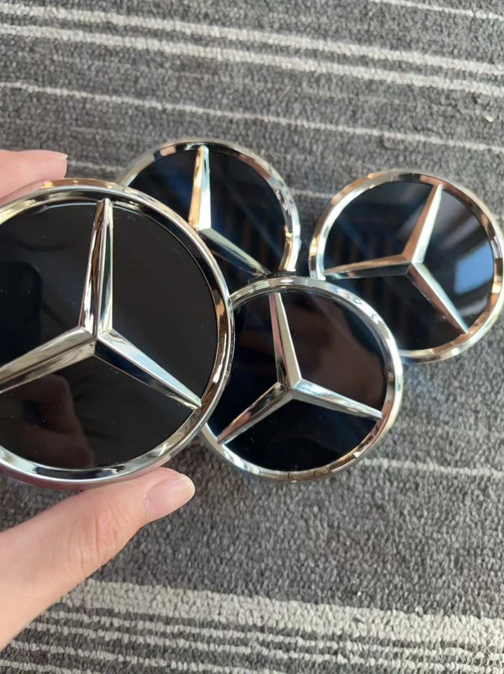 4* MERCEDES-BENZ mirror BLACK 75 mm/2.95in Wheel Center Caps Fits Most Model Foto 4 de 4