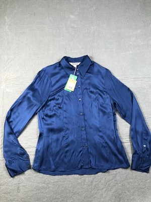 Boden Shirt Womens 8 Blue Collared Long Sleeve Satin Button Front Top NWT