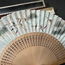 Vintage Wooden  Paper Cutout Folding Fan in Original Glass Top Box