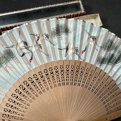 Vintage Wooden & Paper Cutout Folding Fan in Original Glass Top Box